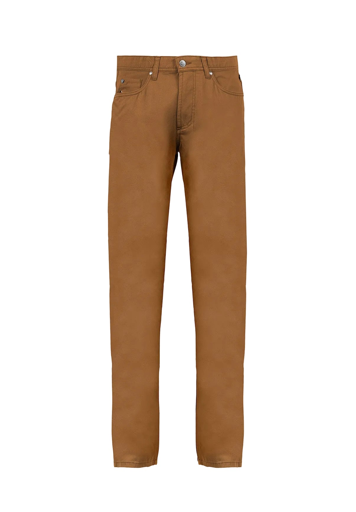 A pair of brown chino pants with a front view, displaying a flat front design and classic five-pocket configuration.