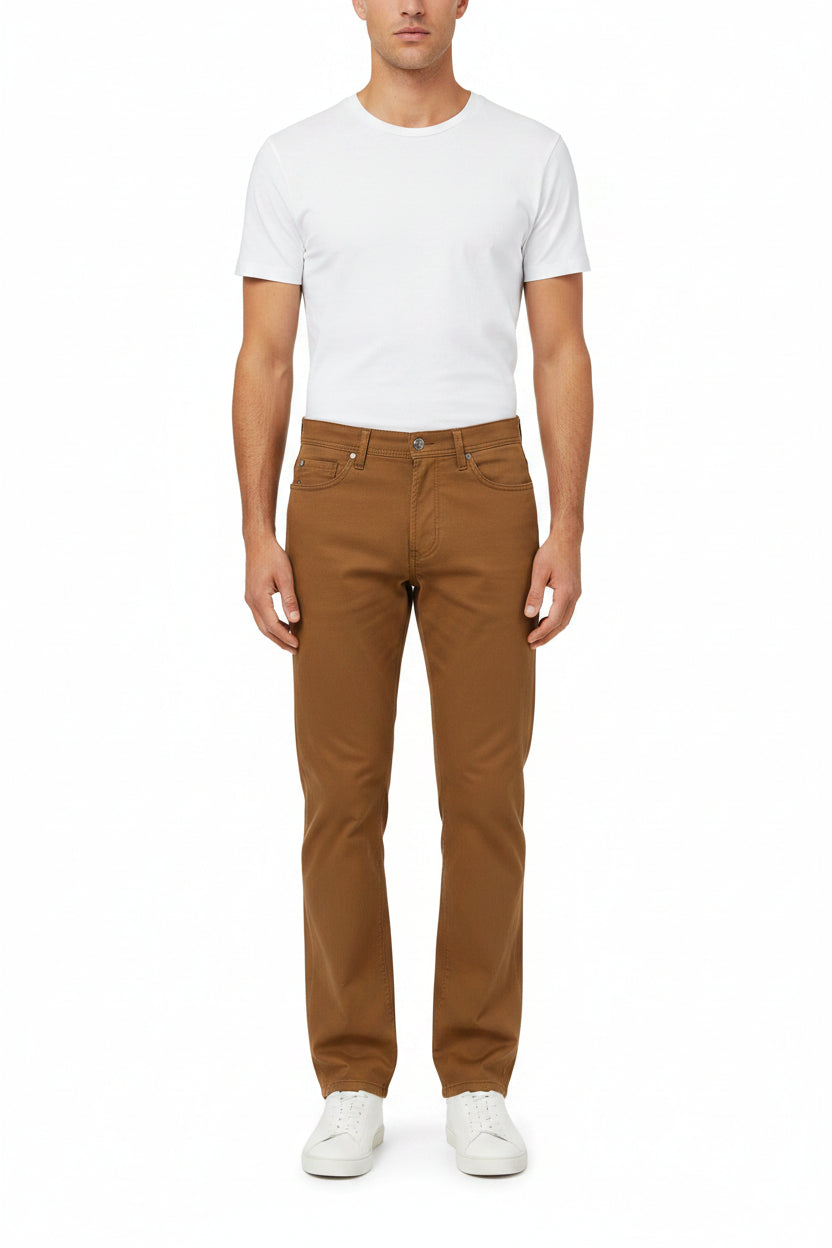 A pair of brown chino pants with a front view, displaying a flat front design and classic five-pocket configuration.