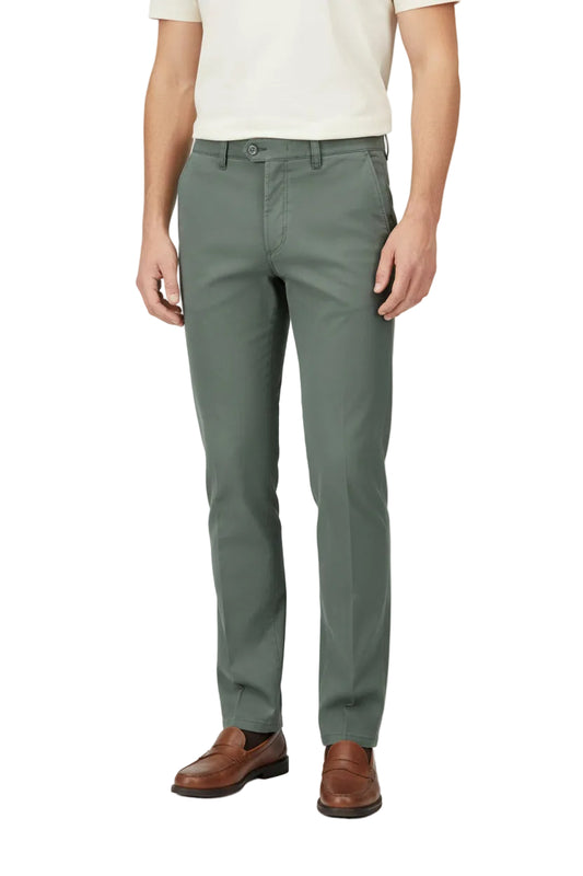 A pair of green chino pants with a flat front design, belt loops, and a classic five-pocket configuration.