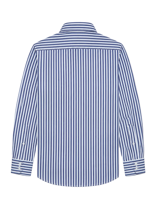 A long-sleeve button-up shirt with vertical blue and white stripes, shown from the back on a light gray background.