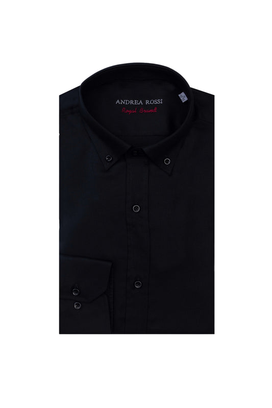 A black, long-sleeved buttoned shirt with a button-down collar, displayed on a white background.