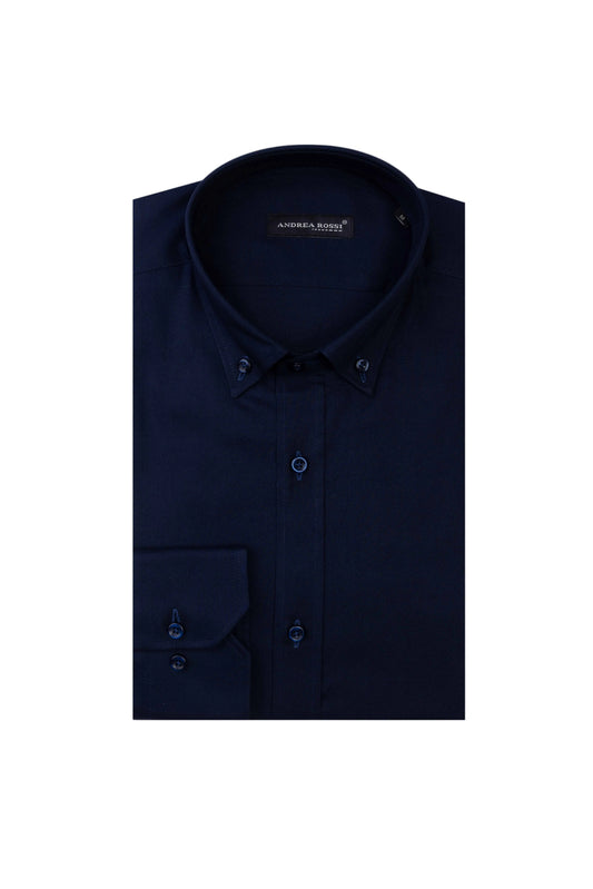 A navy blue, long-sleeved, button-down cotton shirt displayed on a plain background.