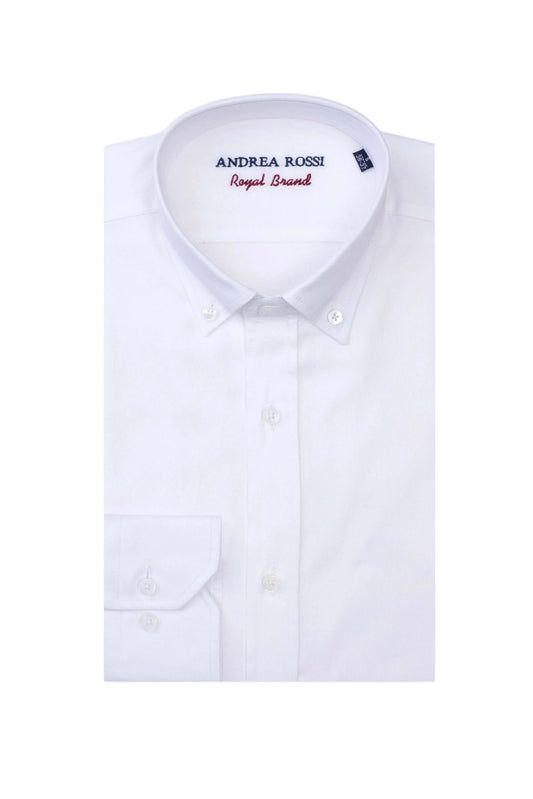 White dress shirt with 'Andrea Rossi' branding on a white background