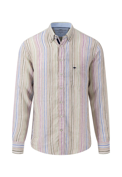 FYNCH HATTON Striped Linen Shirt, Soft Green