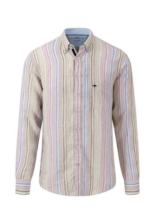 FYNCH HATTON Striped Linen Shirt, Soft Green