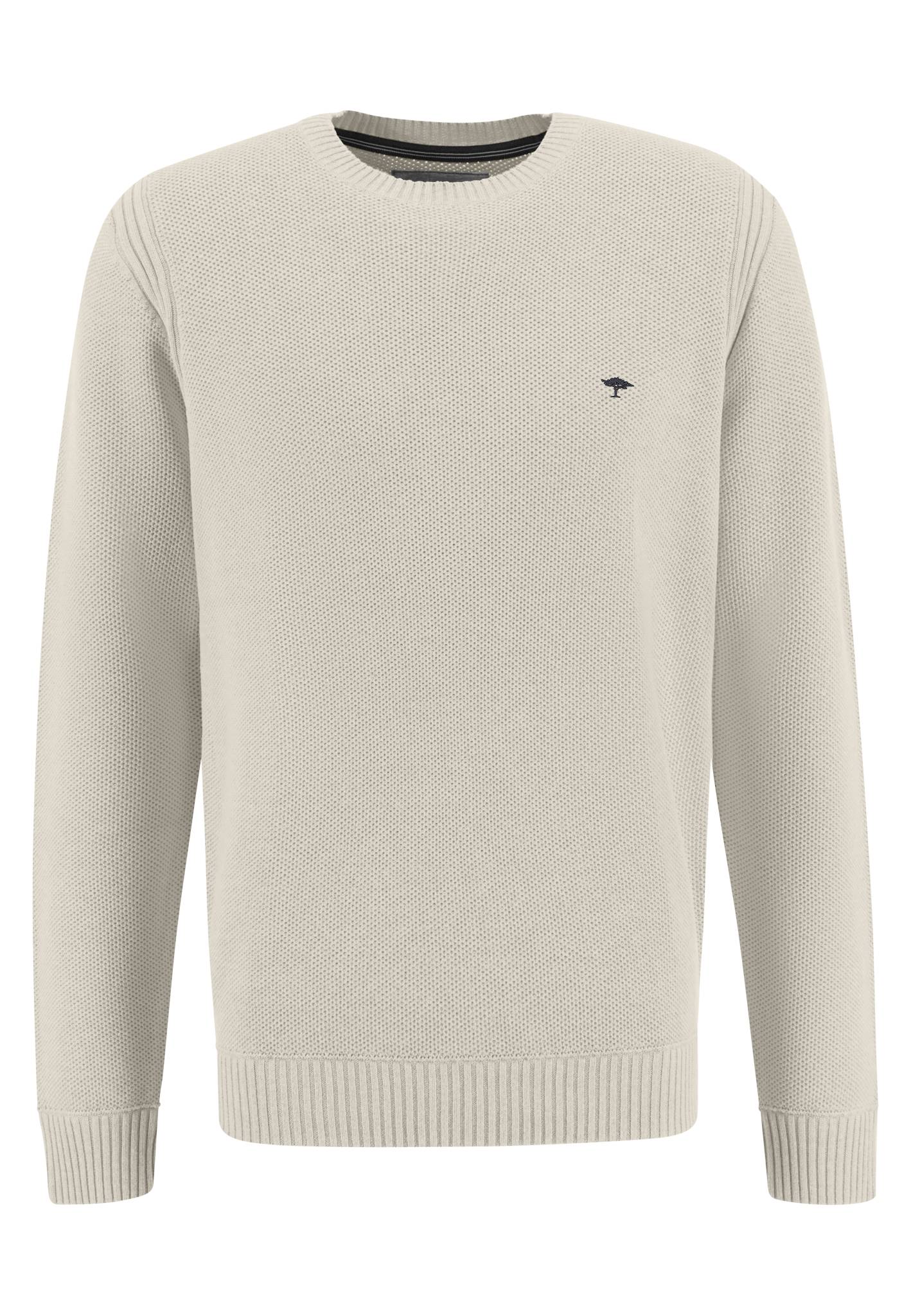 A beige knitted sweater with a round neck, long sleeves, ribbed knit cuffs, and a logo embroidery at the chest.