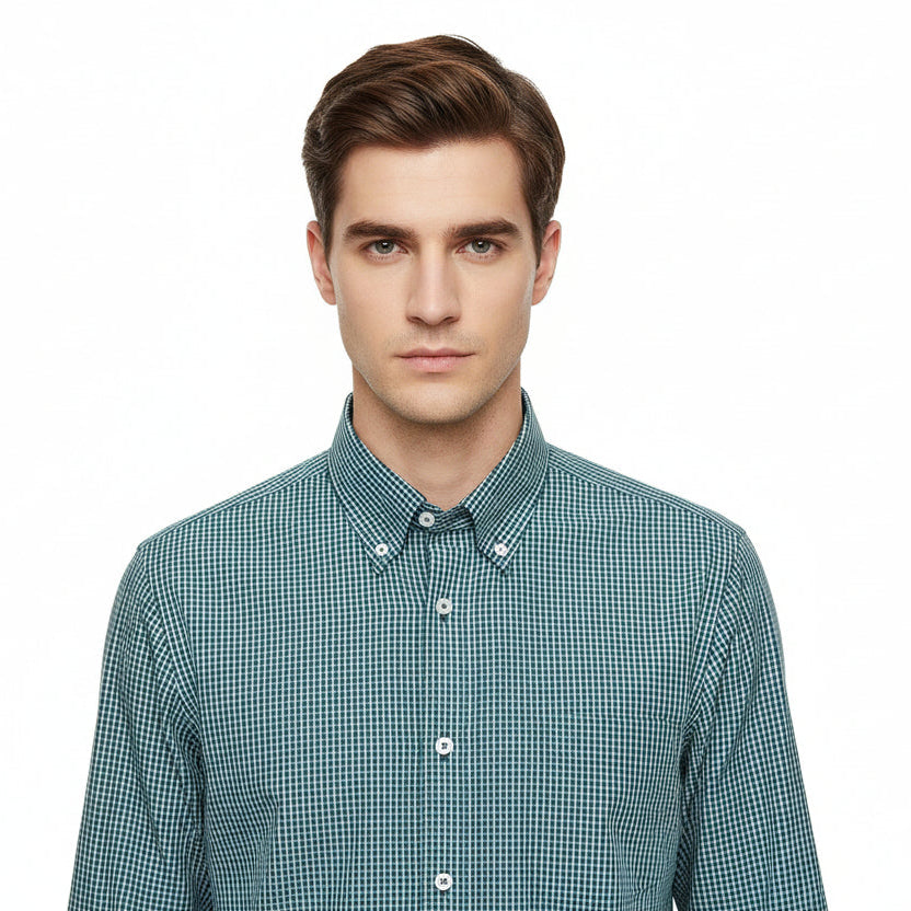 Green checkered shirt with collar and buttons on a white background