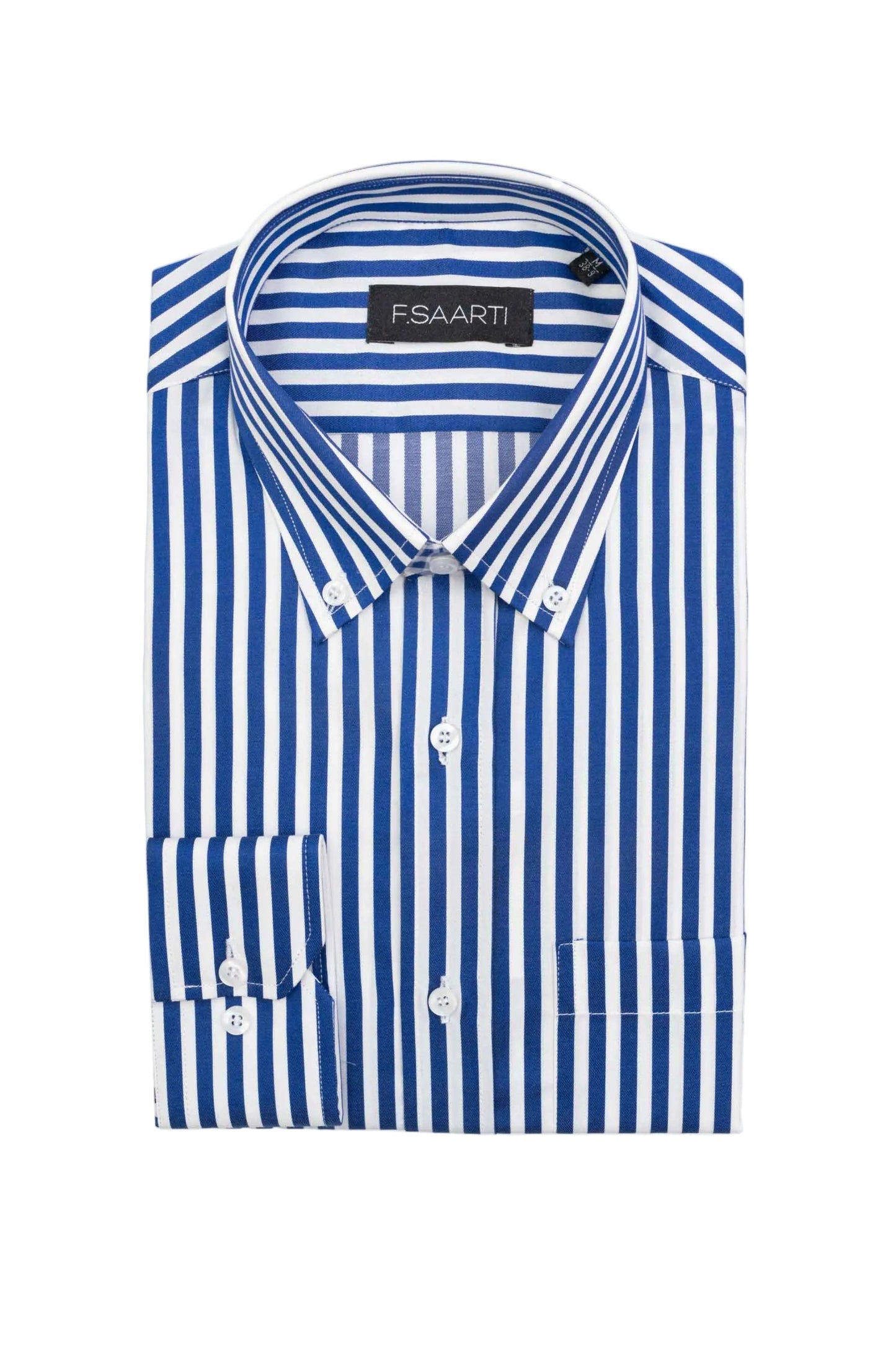 Folded blue and white striped shirt with 'F.Saarti' label on a white background