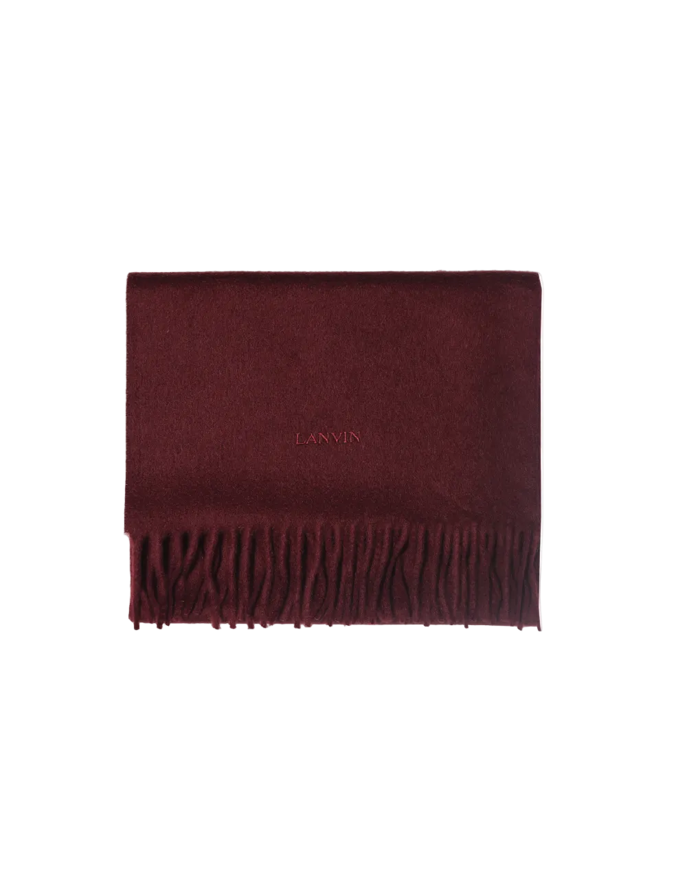A rectangular burgundy cashmere scarf with fringed ends, displaying the brand name 'LANVIN' on the lower part.