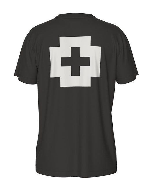 Black t-shirt with a white geometric design on the back against a white background