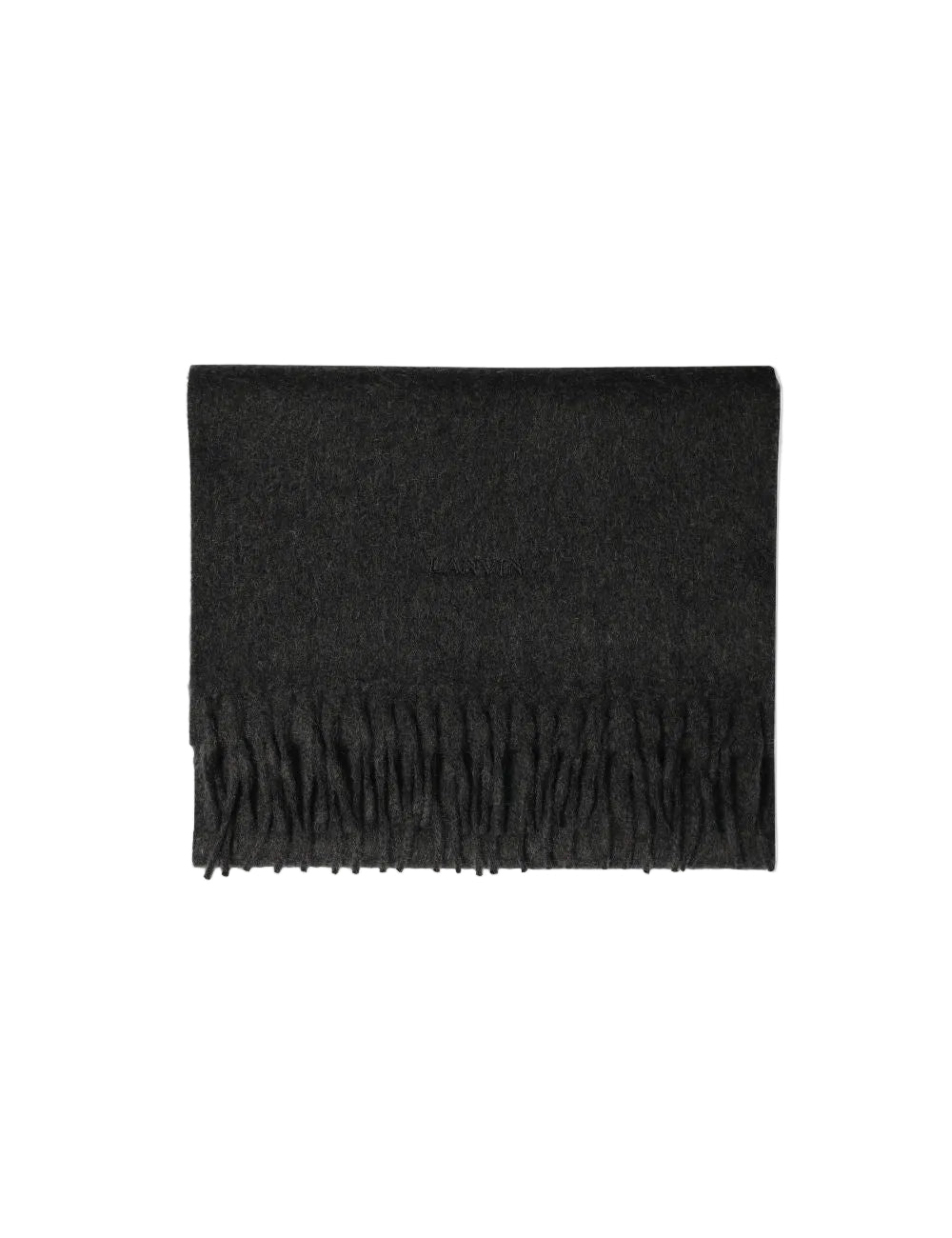A Charcoal cashmere scarf with fringed ends, displayed on a white background.