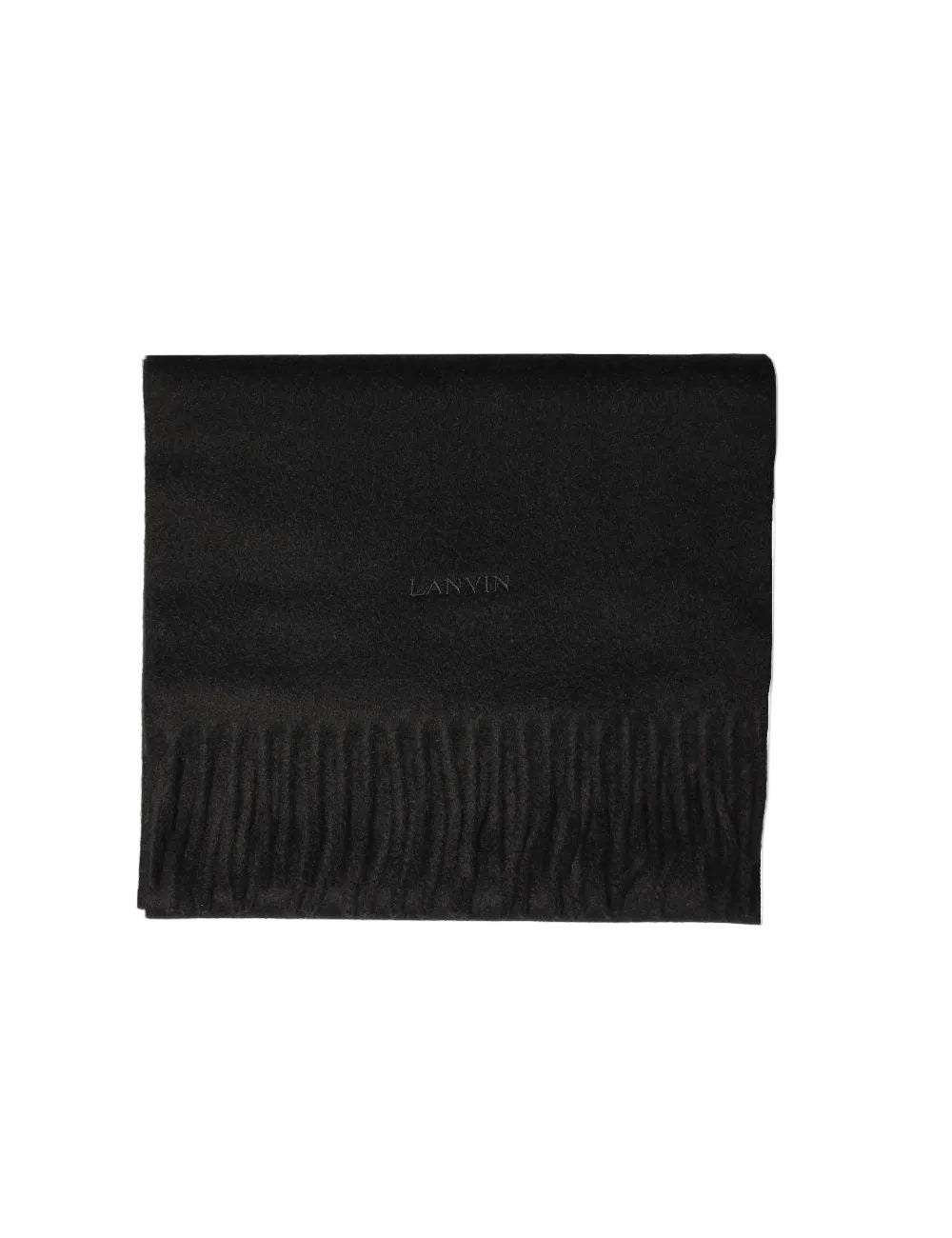 A black cashmere scarf with fringed ends, displayed on a white background. The brand 'LANVIN' is visible on the scarf.