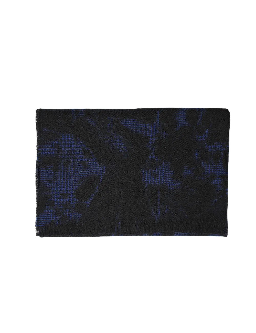A black wool scarf with a fringed edge, displayed against a white background.