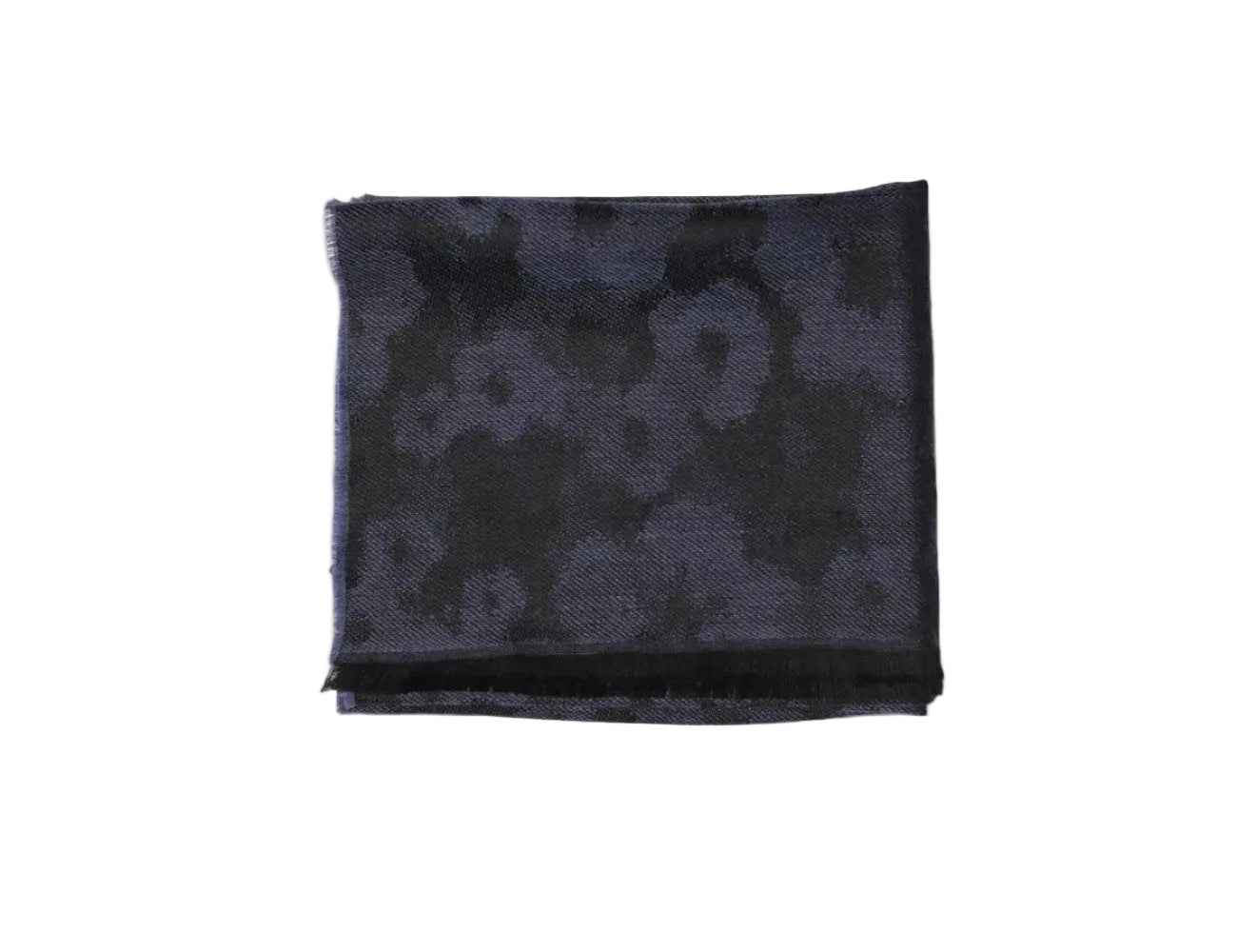 A folded dark blue wool scarf with a fringed edge on a white background.