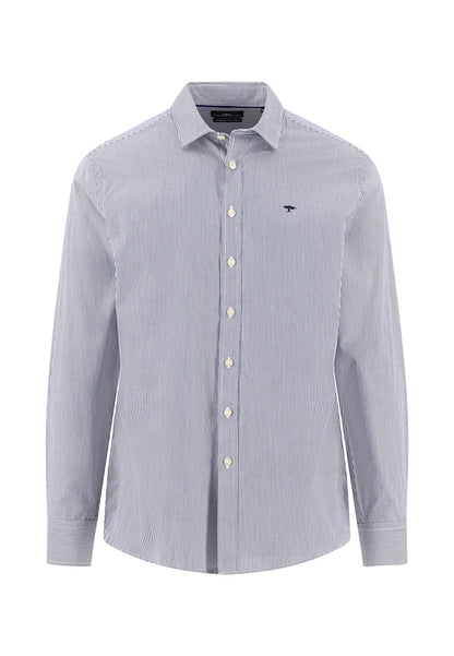 Cotton Shirt with Kent Collar, Striped Navy