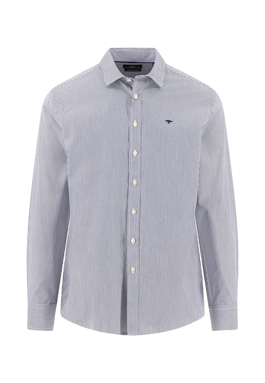 Cotton Shirt with Kent Collar, Striped Navy