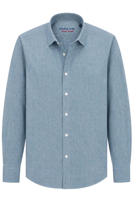 A light blue long-sleeve button-down shirt by Andrea Righi, shown flat against a light gray background.