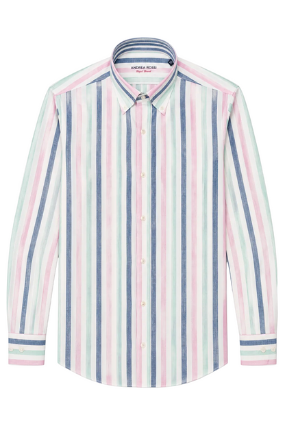Striped shirt with pink, blue, and green stripes on a white background