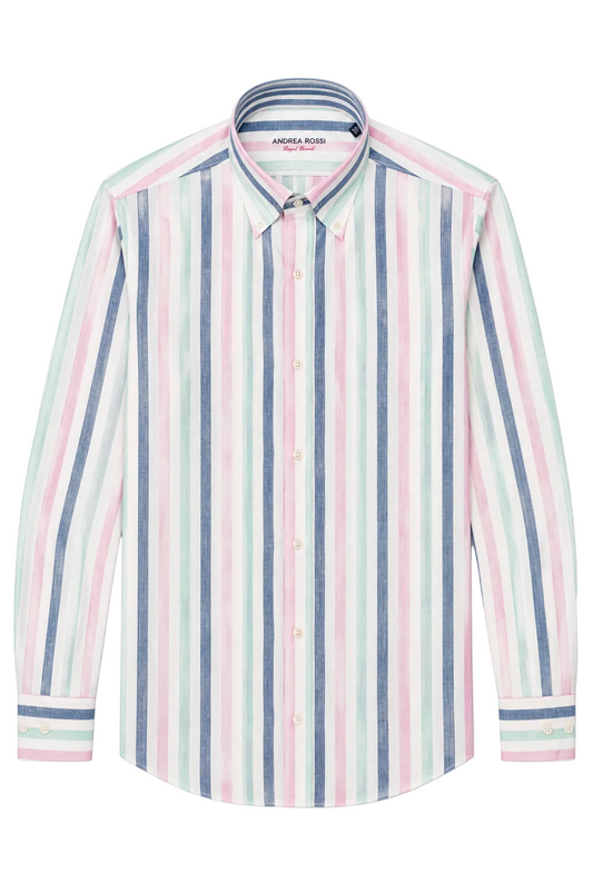 Striped shirt with pink, blue, and green stripes on a white background