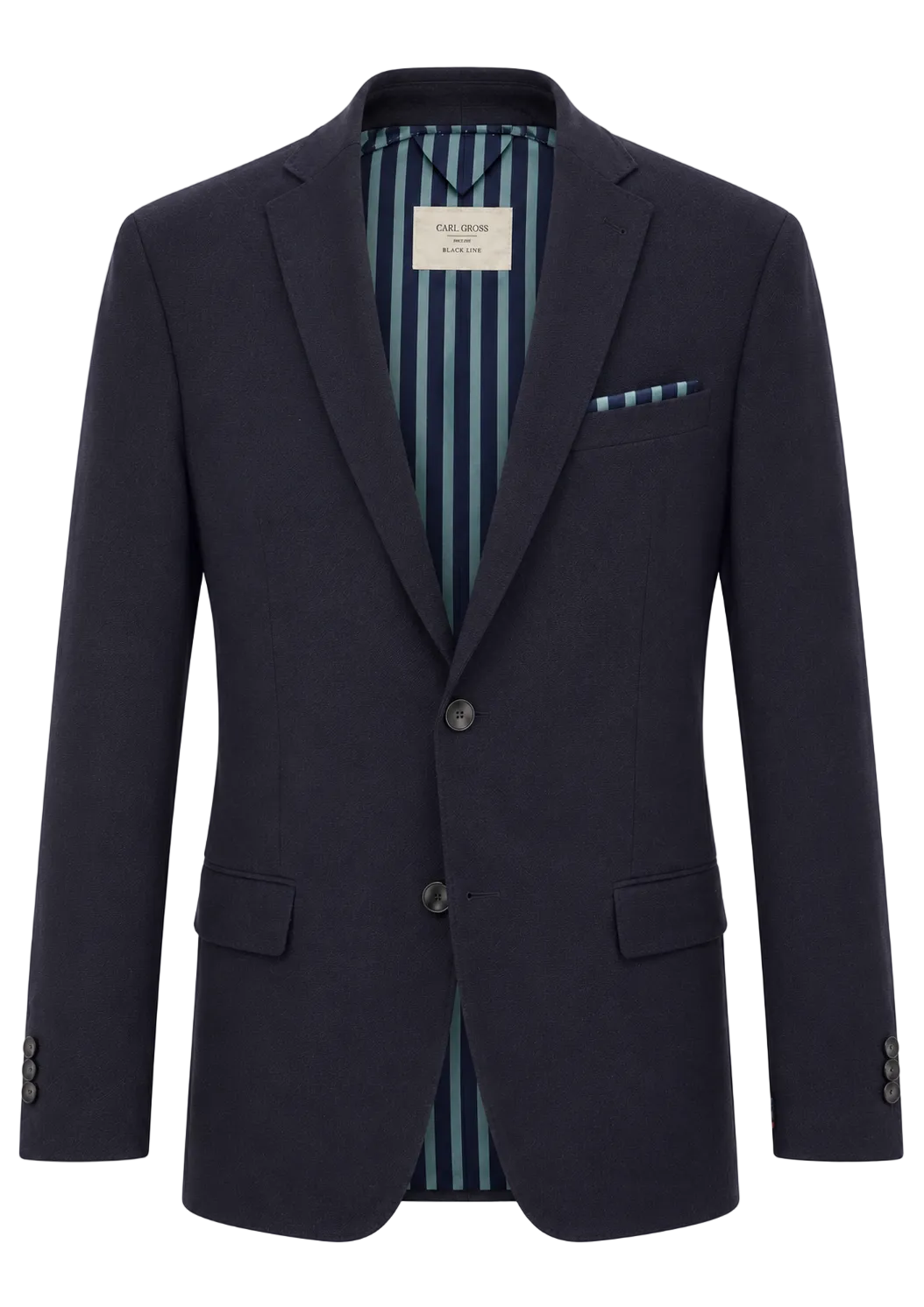 Navy blazer with striped lining on a white background