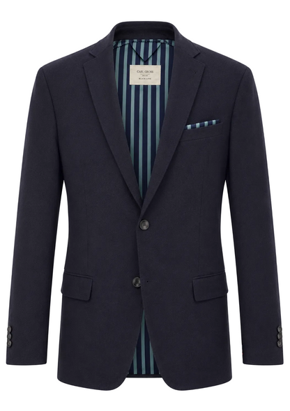 Navy blazer with striped lining on a white background