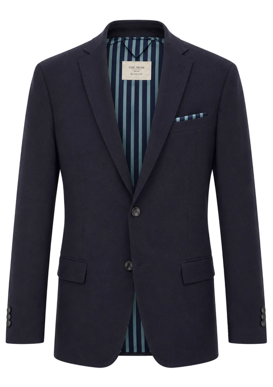 Navy blazer with striped lining on a white background