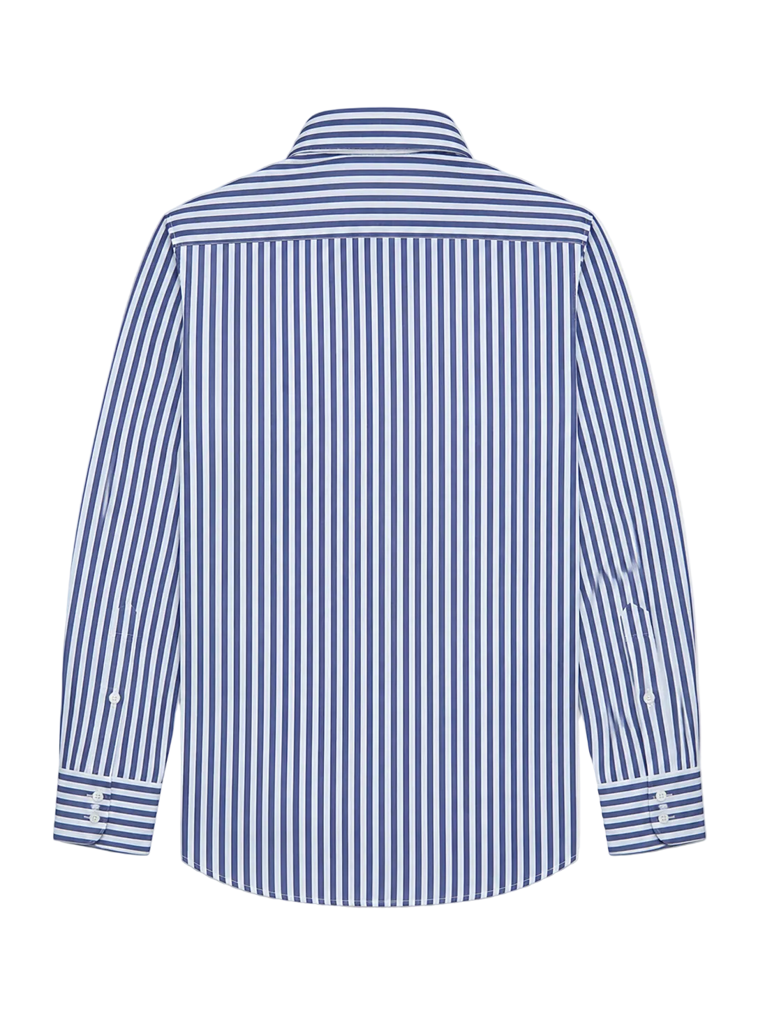 A long-sleeve button-up shirt with vertical blue and white stripes, shown from the back on a light gray background.