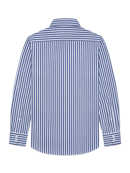 A long-sleeve button-up shirt with vertical blue and white stripes, shown from the back on a light gray background.