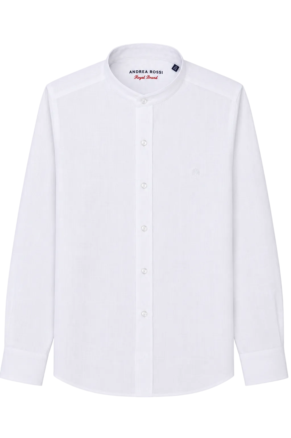 White dress shirt with a brand label on a white background