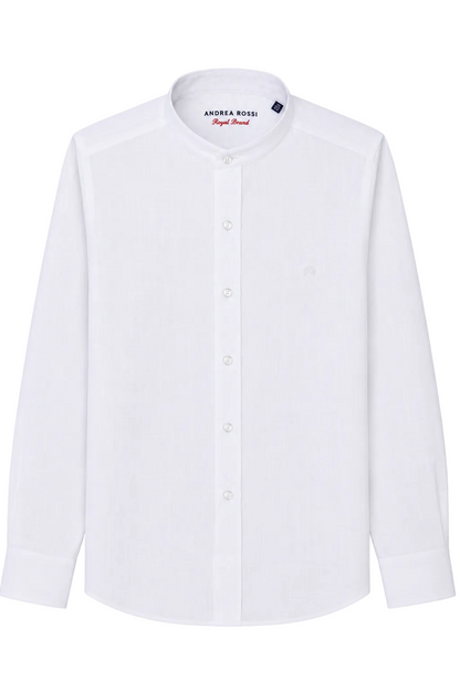 White dress shirt with a brand label on a white background