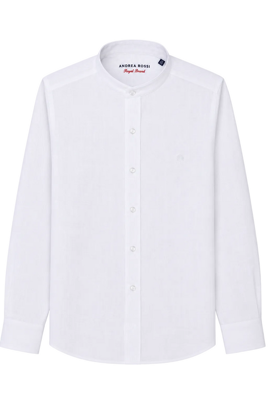 White dress shirt with a brand label on a white background