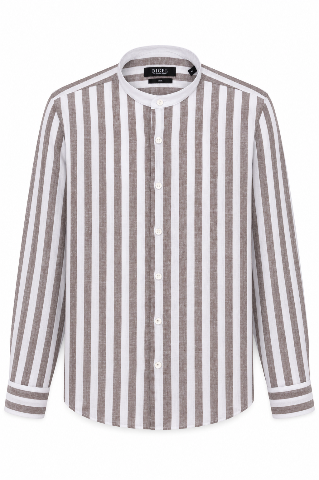 Mao Linen Shirt, Brown Striped
