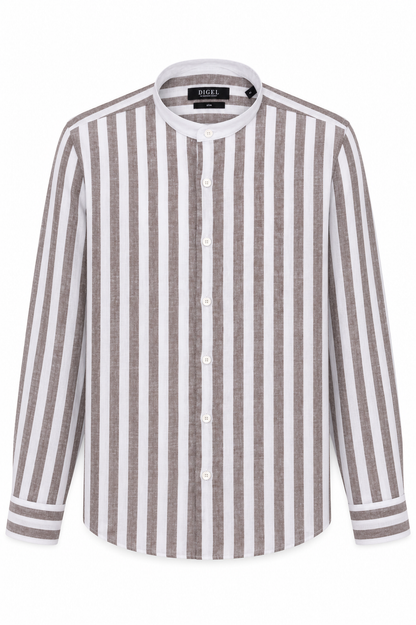 Mao Linen Shirt, Brown Striped