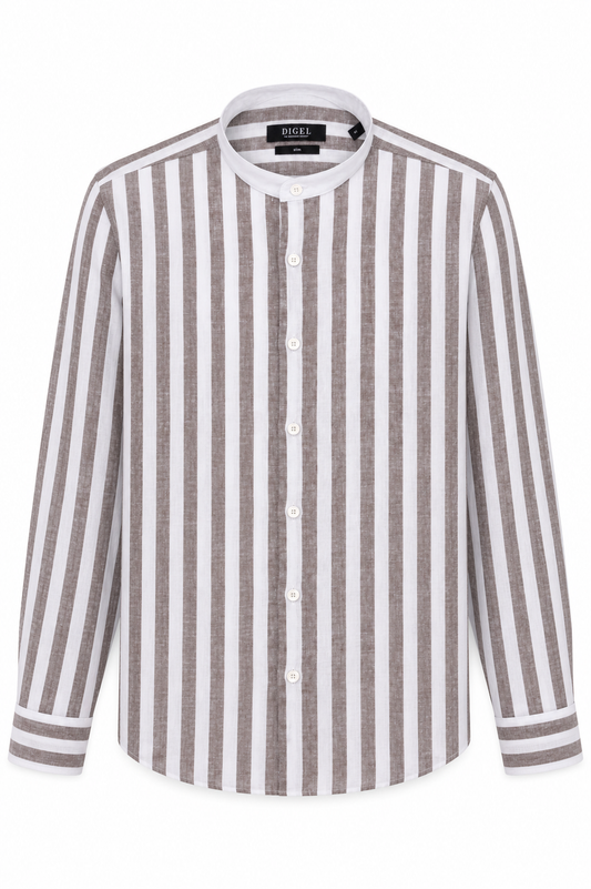 Mao Linen Shirt, Brown Striped