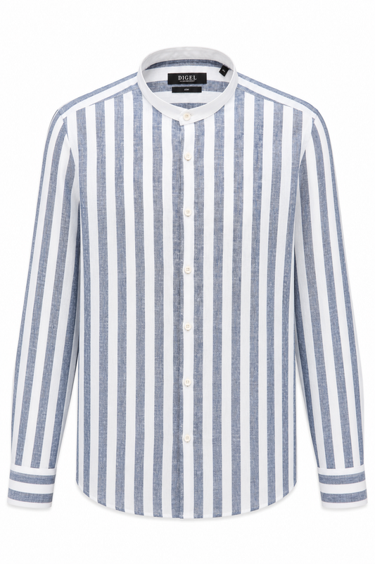 Mao Linen Shirt, Blue Stripped