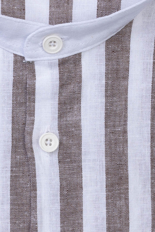 Mao Linen Shirt, Brown Striped