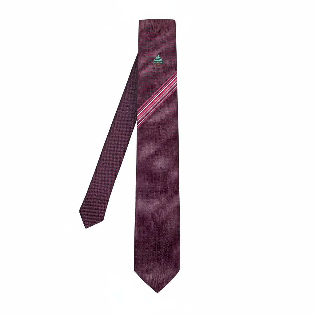 Maroon tie with a small green and red design on a white background