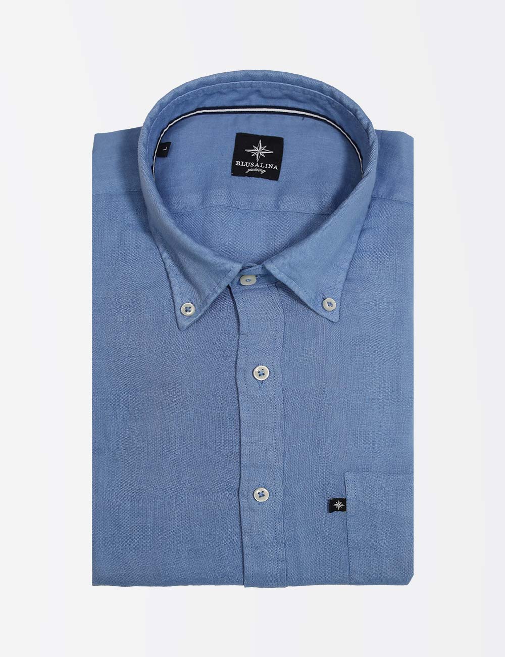 Button Down Collar Blue Linen Shirt